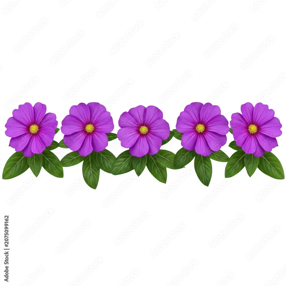 Obraz premium A row of vibrant purple flowers with green stems and leaves