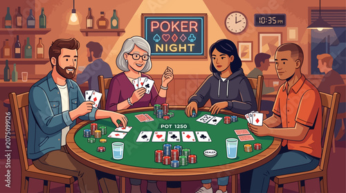 Cuadro en lienzo Diverse group of friends enjoying a competitive poker night at a bar with cards