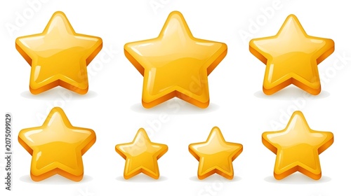 Yellow gold star emoji clipart set with cute 3d cartoon five point stars different rounded and pointed on white background background for rating icon symbol logo Stock Illustration