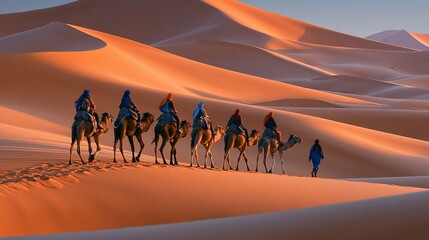 Friends ride camels across the sandy Sahara Desert.