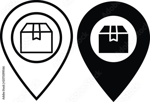 Pickup Point icon. Location pin with parcel sign. Pick up point symbol. flat style.