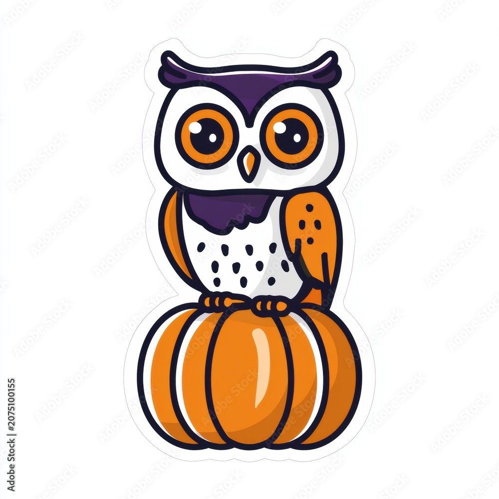 Fototapeta premium A Halloween owl sits on a pumpkin with a bright color scheme. The design features bold outlines and is perfect for celebrating the season.