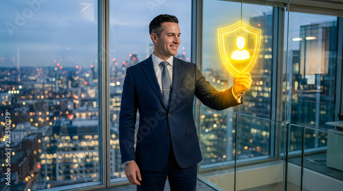 Businessman in suit holds glowing light bulb in office with city view