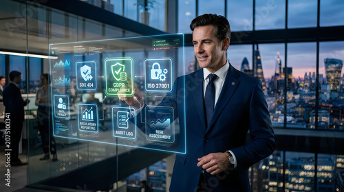 Businessman interacting with virtual interface in modern office