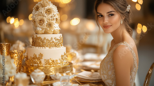 Luxury White and Gold Wedding Cake with Elegant Floral Decoration