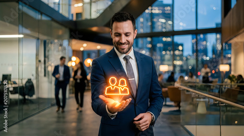 Businessman holding glowing people icon in office
