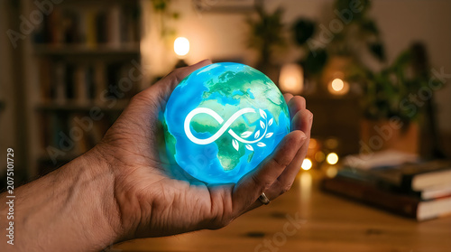 Hand cradling a globe with infinity symbol, indoors