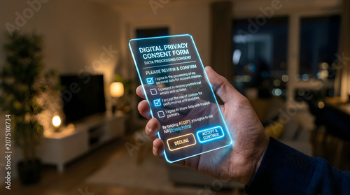 Hand holding smartphone with glowing screen in living room