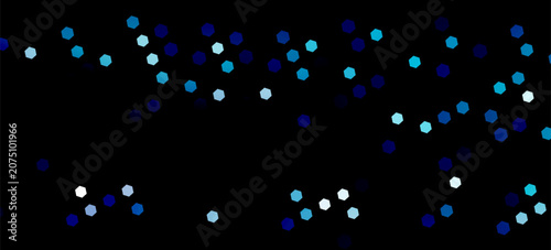 Abstract blue hexagon elements falling on dark black background