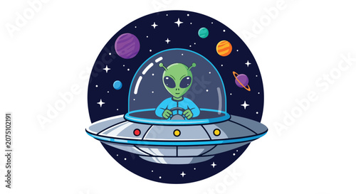 Fotografie Flat style vector illustration of a smiling green alien driving a flying saucer among colorful planets and stars