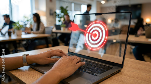 Person using laptop with target and arrow on screen in modern workspace