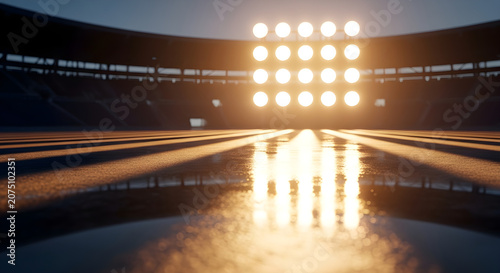 Stadium lights shining brightly on the wet field with shadows and reflections during a sporting event