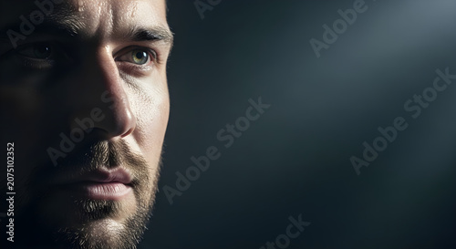 Close-up portrait of a serious man's face with a beard and intense gaze against a dark background