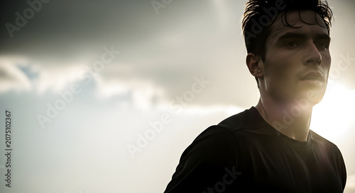 Sweaty athlete looking up at the sky after a workout, backlit by the sun, fitness and determination concept