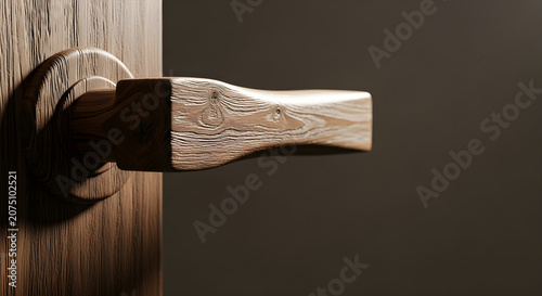 Close-up of a wooden door handle with a unique design and texture against a dark background
