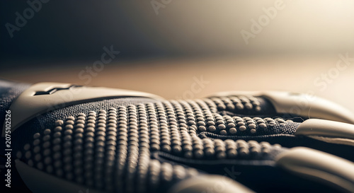 Close-up of a textured black and white glove with a pattern of small bumps, perfect for sports or work