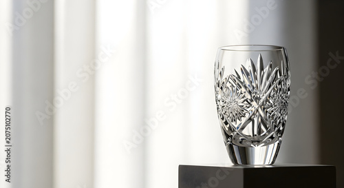 Elegant crystal glass on a black surface with a bright background, perfect for showcasing beverages and drinks