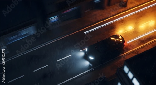 Nighttime cityscape with a black car driving on a wet road with headlights and taillights on, rain