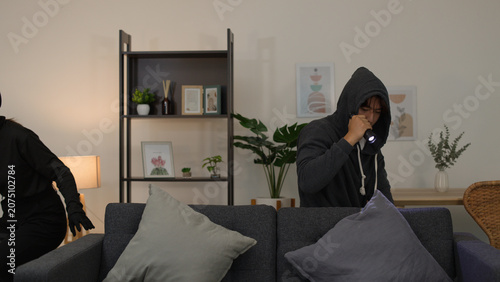 Photos Two Masked Intruders Searching a Modern Living Room at Night