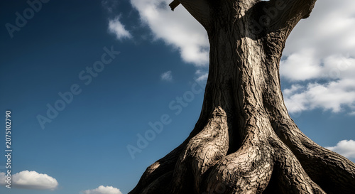 Dramatic low angle shot of a large tree trunk against a blue sky with fluffy white clouds, nature