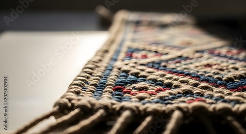 Close up of a woven rug with a detailed pattern and fringe, showcasing texture and craftsmanship