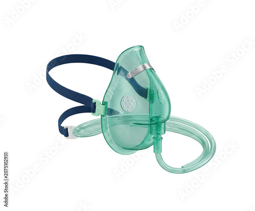 Medical oxygen mask, essential respiratory support equipment; clear green plastic face mask with blue elastic strap, vital healthcare device for patient care isolated on Transparent Background