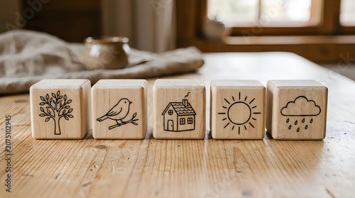 Wooden blocks with weather and nature icons on a table