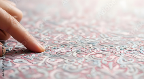 Close-up of a hand touching an embroidered fabric with intricate floral patterns, soft focus, and artistic detail