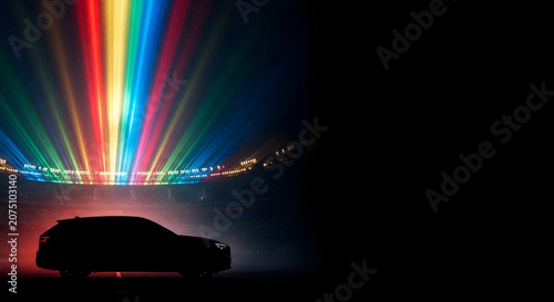 Silhouette of a car with colorful light beams in a stadium at night, futuristic design concept