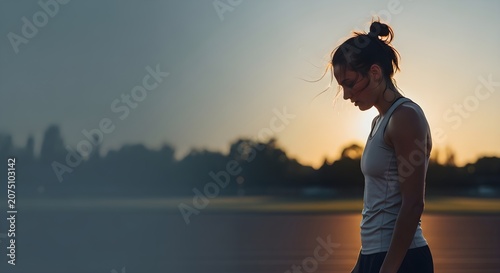 Exhausted runner resting after workout at sunset, fitness and healthy lifestyle concept, training outdoors