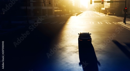 A sleek black car driving down a city street at sunset with long shadows and a beautiful golden glow
