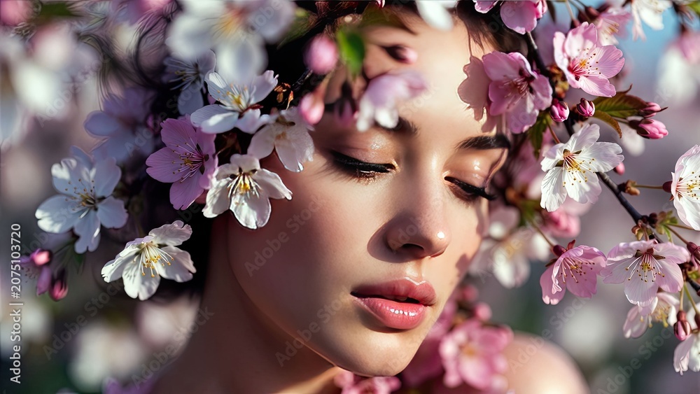 Fototapeta premium Captivating portrait of a young woman surrounded by delicate cherry blossom flowers in full bloom