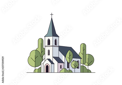 Tableau sur toile Stylized Illustration of a White Church with a Tall Steeple and Surrounding Trees