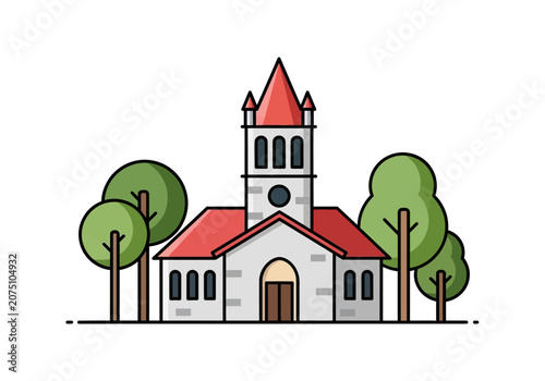 Tableau sur toile Simple Flat Design Church Building with Red Roof and Trees.