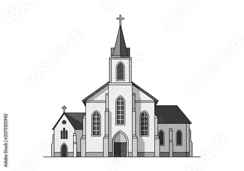 Photos Classic Church Building with Steeple and Cross Illustration.