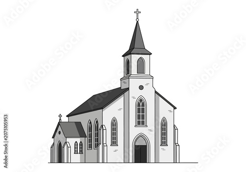 Konstfotografi Classic White Church Building with Steeple and Arched Windows.