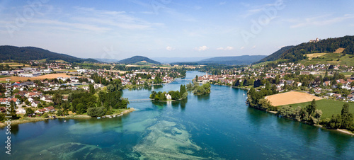 Aerial Drone photography of the beginning part of Rhine river at Lake Constance: Islet Werd, Stein am Rhein, Switzerland