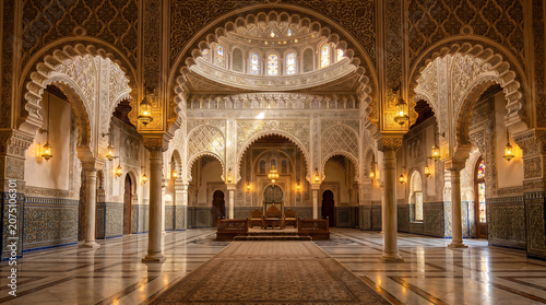 Ornate interior of a large hall with arched columns, detailed carvings, patterned tile walls, and warm lighting, featuring symmetry and a central seating area.