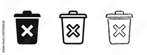 фотографія Trash can delete icon set in flat, line, and hand drawn sketch styles