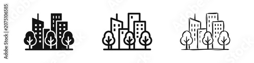Green city buildings icon set, urban tree landscape symbol, eco friendly architecture flat and hand drawn vector