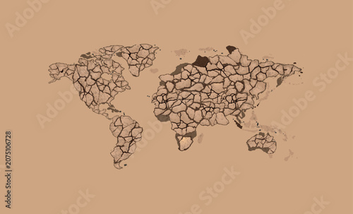 Cracked world map made of cracked earth pieces on white background. symbolizing nature, dryness, and earth destroying.
