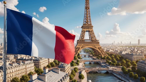French Flag with Eiffel Tower and Paris. Suitable for travel documentaries, France tourism videos, European travel promotions, and patriotic French celebration content.