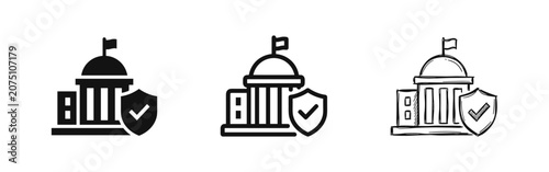 Tableau sur toile Government building with security shield icon set in flat, outline, and sketch s