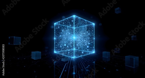Complex circuit cube on a reflective grid representing artificial intelligence core logic and microservice architecture