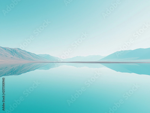 Tranquil aqua lake perfectly mirrors distant mountains and a serene, clear blue sky, creating a minimalist, symmetrical landscape