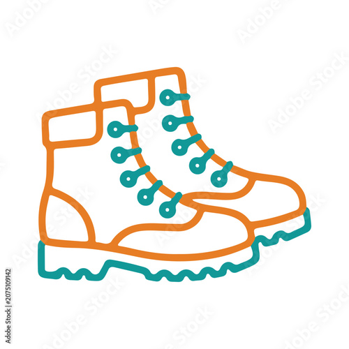A pair of orange and teal hiking boots with wavy soles
