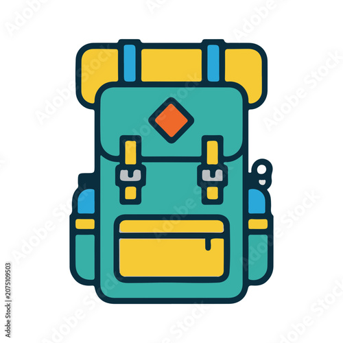 Teal and yellow cartoon backpack with orange diamond on front