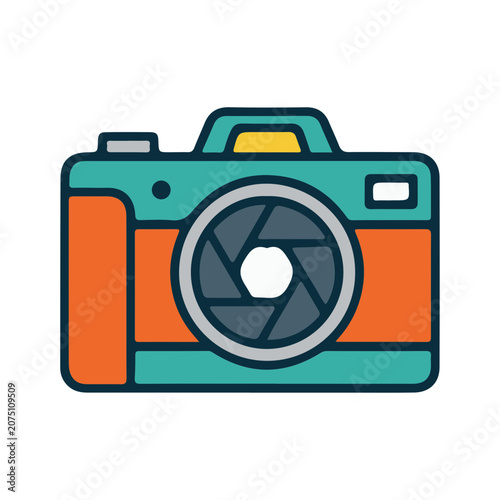 Colorful illustration of a camera with orange and teal details