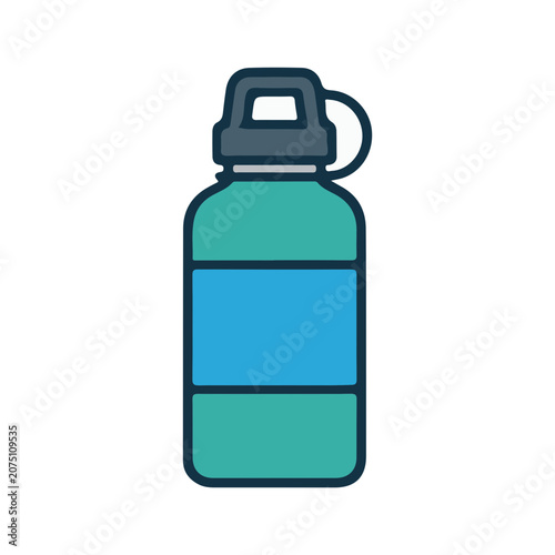 A colorful illustration of a reusable water bottle with a flip top lid and handle