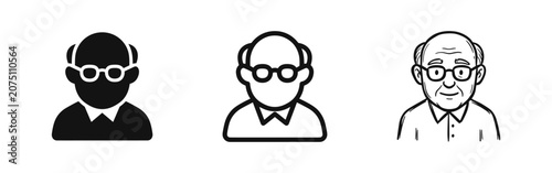 Photos Old Man or Grandfather Icon Set, Flat, Outline and Sketch Style